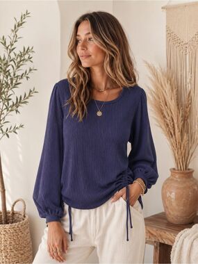 Ninety Navy Waffle Knit Long Sleeve Top with Side Ties